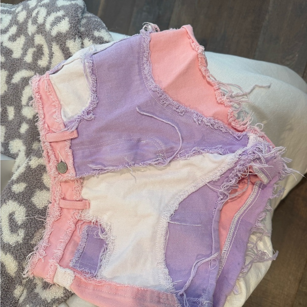 SHEIN Pink and Purple Frayed Denim Shorts
